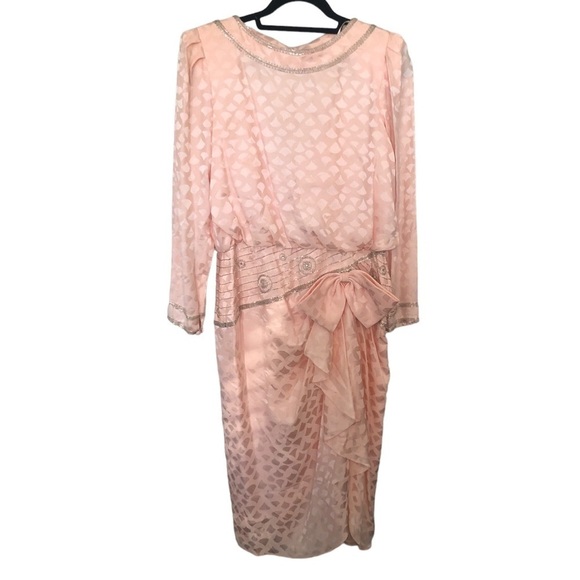 Vintage 1980s A.J. Bari Silk Bow long sleeve beaded Dress - Picture 1 of 9